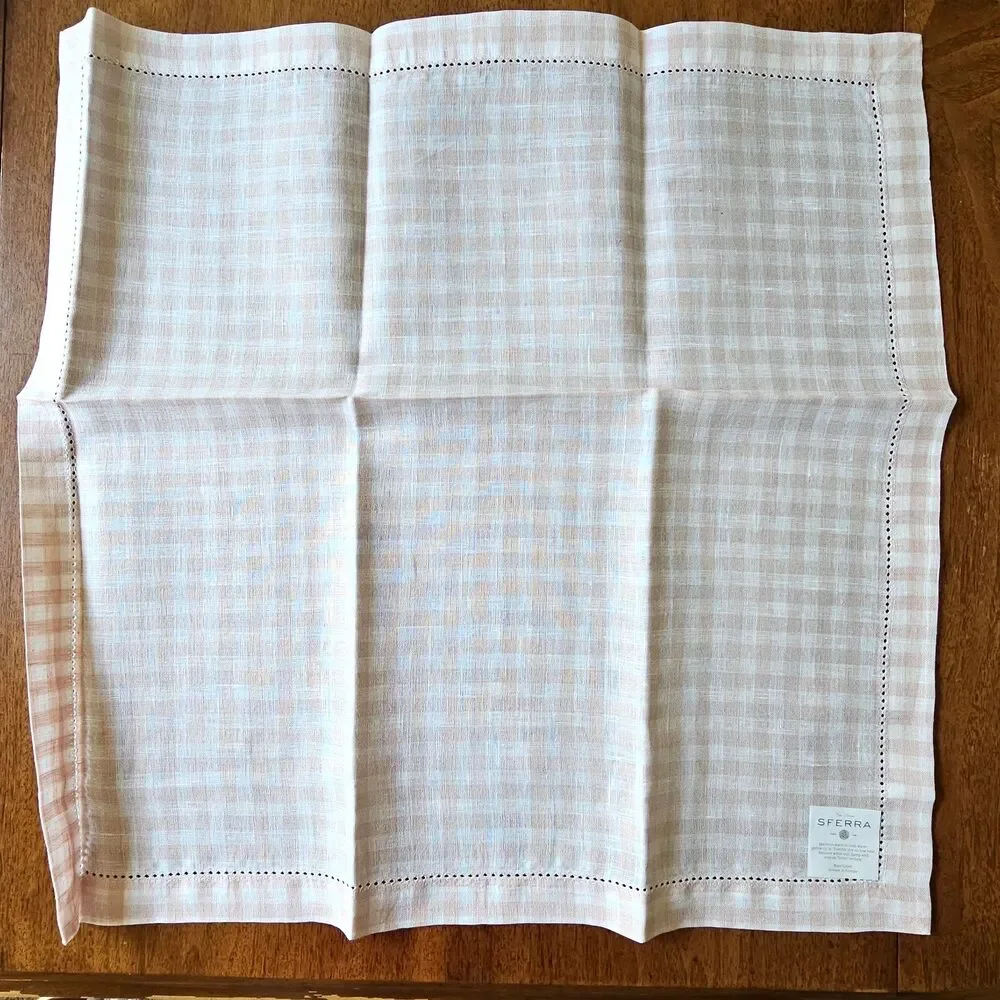 SFERRA Pure Linen Hemstitched Napkins & Placemats NEW White Petal Pink Gingham